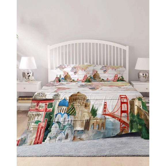 4 Piece Cal. King Sheet Set World Map Sheets Set for Cal. King Size Bed, Breathable Soft Microfiber Bed Sheets Country Famous Building Tourism Bridge Wooden Fitted Sheet Deep Pocket, Pillowcases