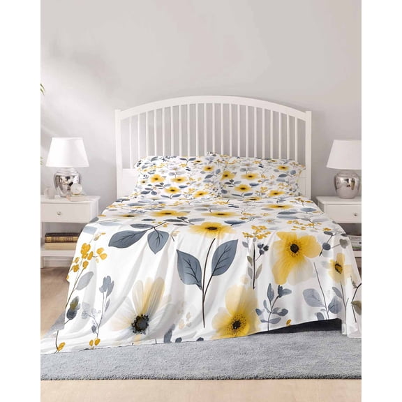 4 Piece Cal. King Sheet Set Yellow Floral Spring Sheets Set for Cal. King Size Bed, Breathable Soft Microfiber Bed Sheets Pastoral Gray Summer Botanical Fitted Sheet Deep Pocket, Pillowcases