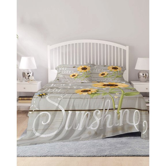 4 Piece Cal. King Sheet Set You Are My Sunshine Sheets Set for Cal. King Size Bed, Breathable Soft Bed Sheets Yellow Sunflowers Cute Bees Heart Retro Wood Fitted Sheet Deep Pocket, Pillowcases