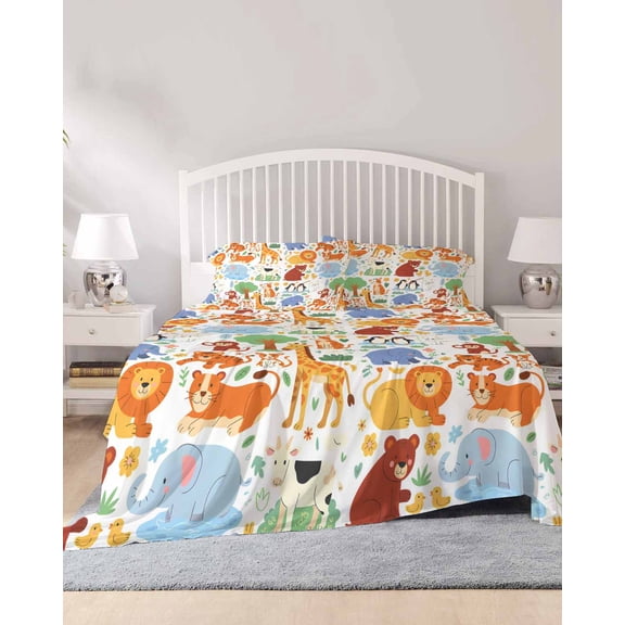 4 Piece Cal. King Sheet Set Zoo Animals Sheets Set for Cal. King Size Bed, Breathable Soft Microfiber Bed Sheets Cute Funny Elephant Tiger Cartoon Fitted Sheet Deep Pocket, Pillowcases