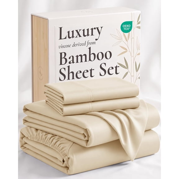 4 Piece California King Bed Sheet Set 100% Viscose from Bamboo Cooling Breathable Moisture-Wicking Light Yellow