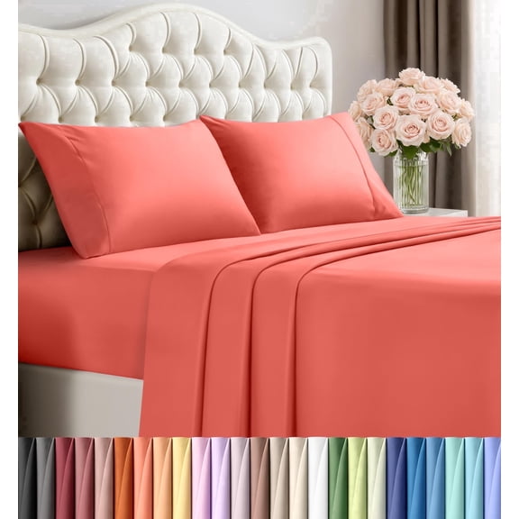 4 Piece California King Deep Pocket Bed Sheet Set, 16 Inches, Premium Microfiber Sheets - Coral