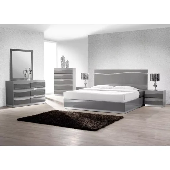 4-Piece California King Size Modern Bedroom Furniture Set, LED Light, Gray Lacquer Finish with Silver Base