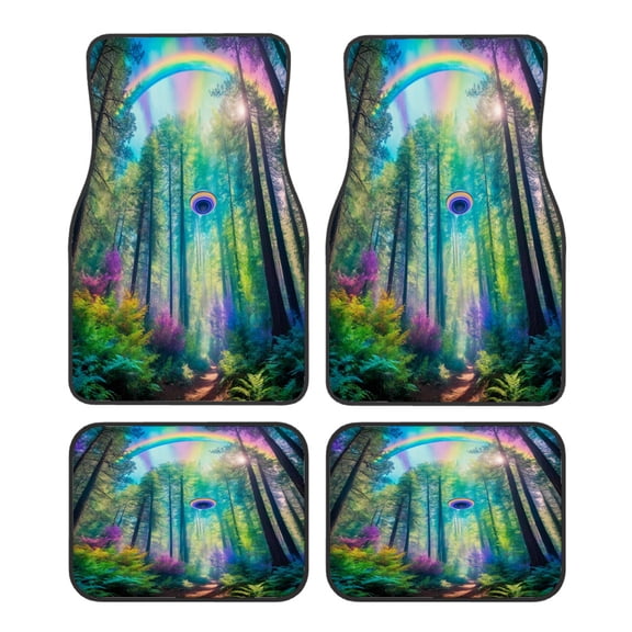 4-Piece Car Floor Mats Set, Forest Scene Rainbow Crystal Velvet Automotive Front & Rear Floor Liners, Universal Fit for Car, Truck, SUV