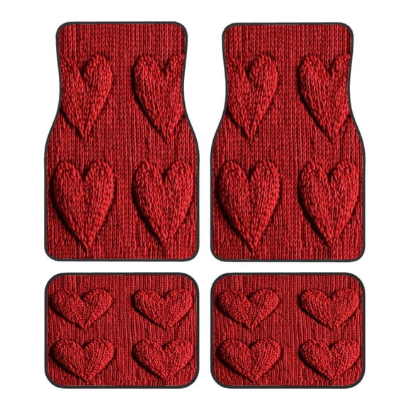4-Piece Car Floor Mats Set, Knitted Red Heart Pattern Crystal Velvet Automotive Front & Rear Floor Liners, Universal Fit for Car, Truck, SUV