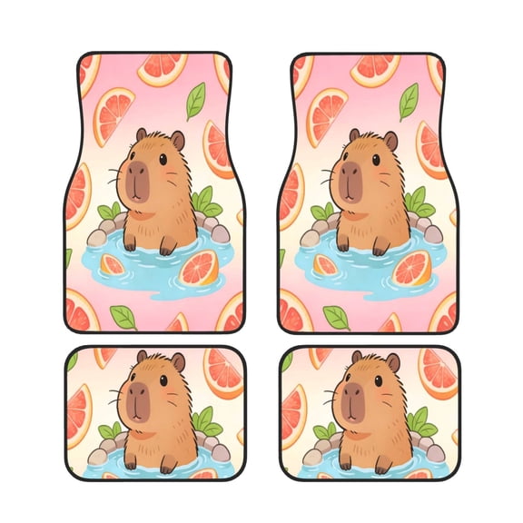4 Piece Car Foot Mat Set Anti-Slip Washable Universal Car Floor Mats For Most Vehicles Truck Suv Capybara Bathing And Grapefruit