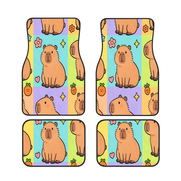 4 Piece Car Foot Mat Set Anti-Slip Washable Universal Car Floor Mats For Most Vehicles Truck Suv Capybara Flower Star Carrot