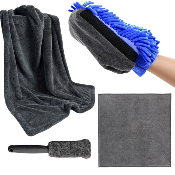 4-Piece Car Wash Kits Detailing Cleaning Kits, with Double-Sided Chenille Mitt & Tire Brush, Super Absorbent Quick Dry Double-Sided Microfiber Cleaning Cloths, Ultra-Soft Car Wash Tools Kit (Blue)