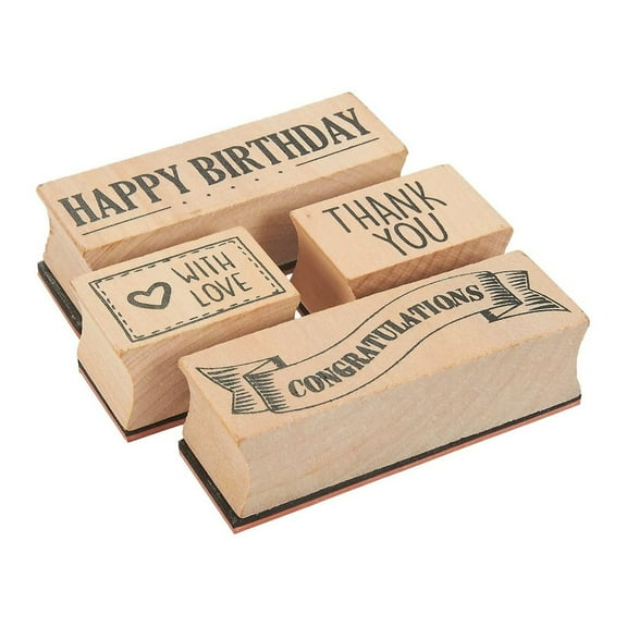 4-Piece Card Making Stamps Set - Wood Mounted Rubber Stamps for Card Making, DIY Crafts, Scrapbooking - Happy Birthday, Thank You, Congratulations, with Love