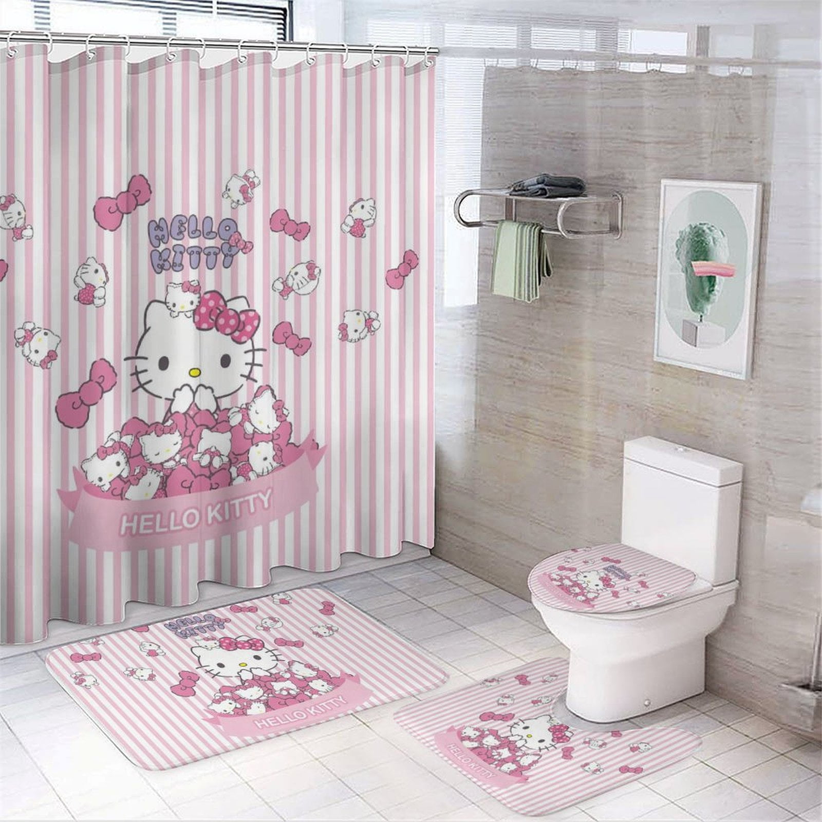 4 Piece Cartoon Hello Kitty(2) Shower Curtain Sets Kawaii Accessories ...