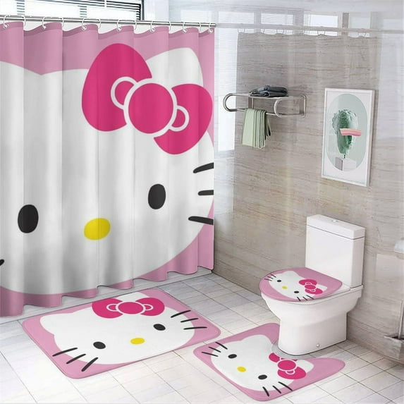 4 Piece Cartoon Hello Kitty Cat Shower Curtain Sets Kawaii Accessories with Non-Slip Rug, Toilet Lid Cover, Bath Mat Shower Curtains Set for Bathroom Decor