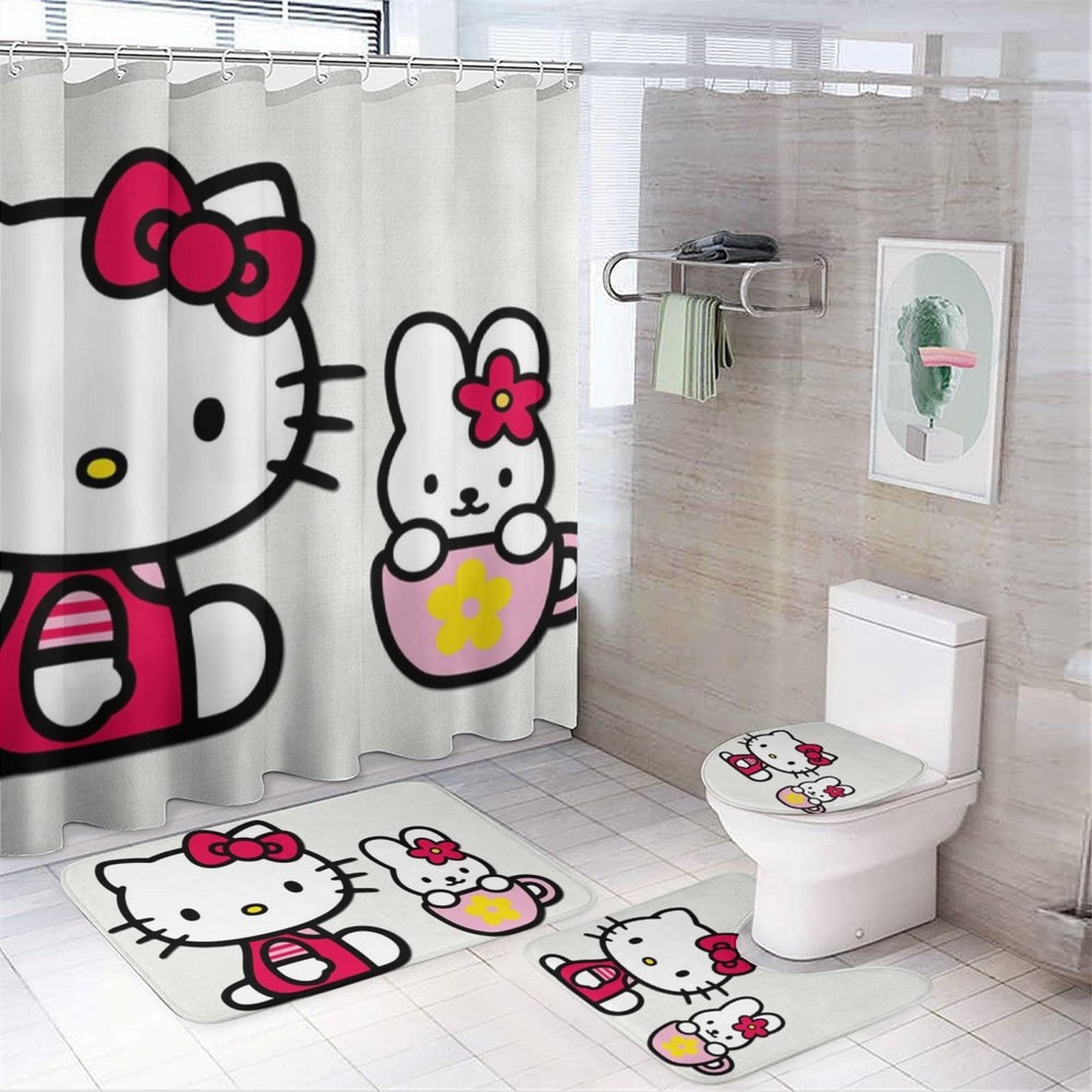 4 Piece Cartoon Hello Kitty Rabbit Flower Cup Shower Curtain Sets Kawaii Accessories with Non-Slip Rug, Toilet Lid Cover, Bath Mat Shower Curtains Set for Bathroom Decor