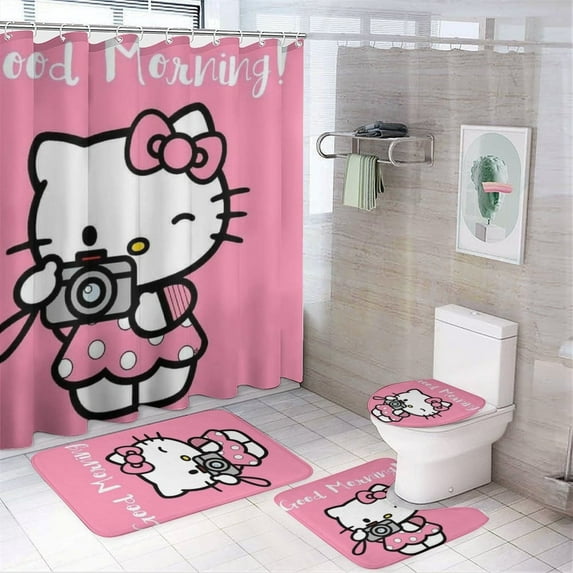 4 Piece Cartoon Hello Kitty Take A Photo Shower Curtain Sets Kawaii Accessories with Non-Slip Rug, Toilet Lid Cover, Bath Mat Shower Curtains Set for Bathroom Decor