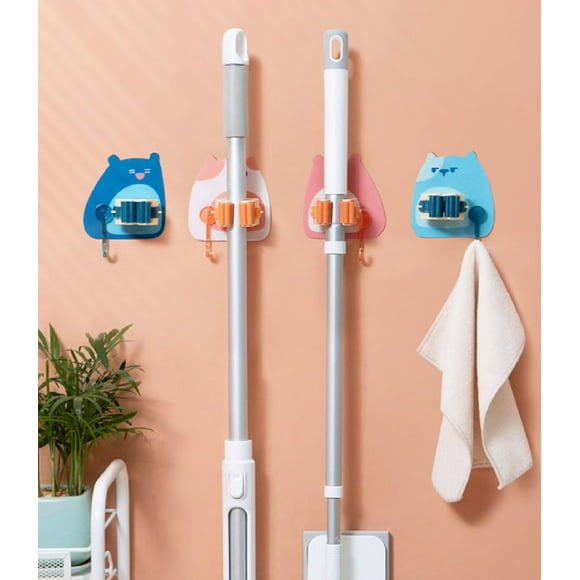 4-Piece Cartoon Mop & Broom Holder Set  Self-Adhesive, Wall-Mounted Clips with Hooks for Office, Kitchen & Garden TIKA
