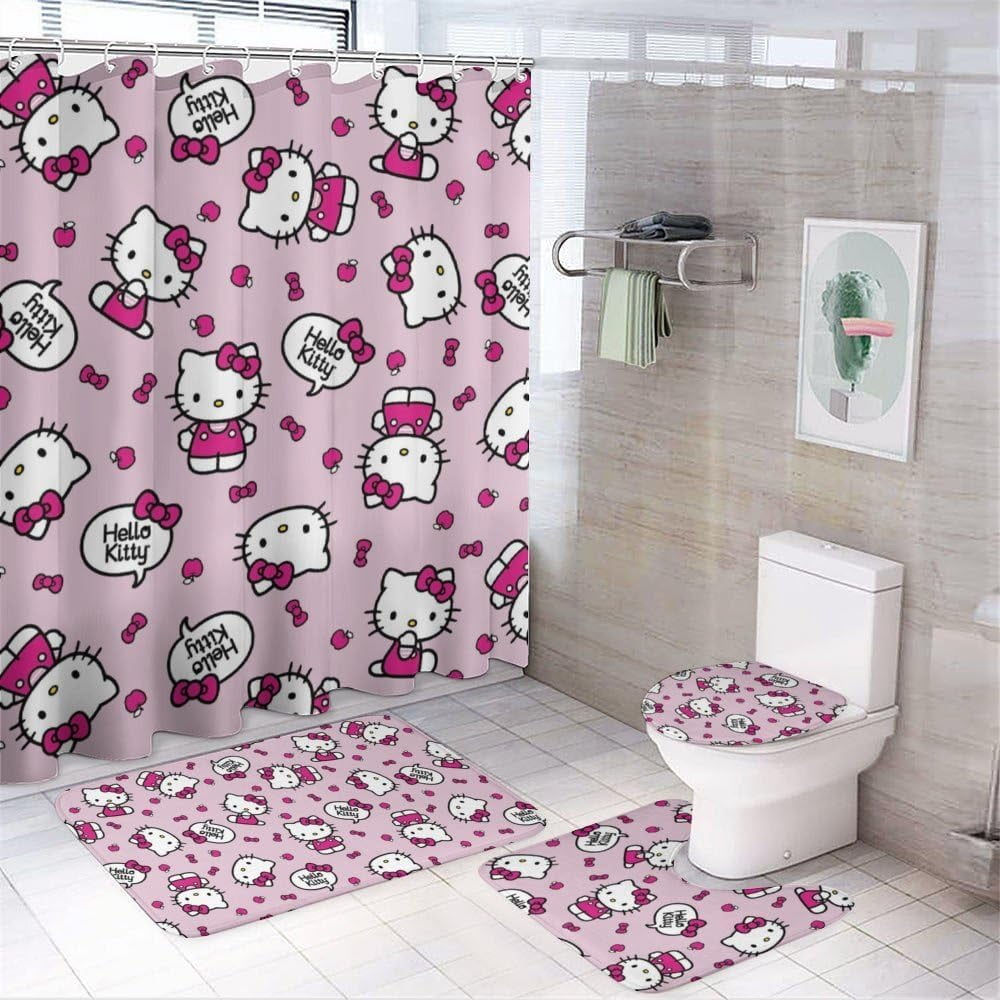 4 Piece Cartoon Pink Cat Shower Curtain Sets Kawaii Bathroom