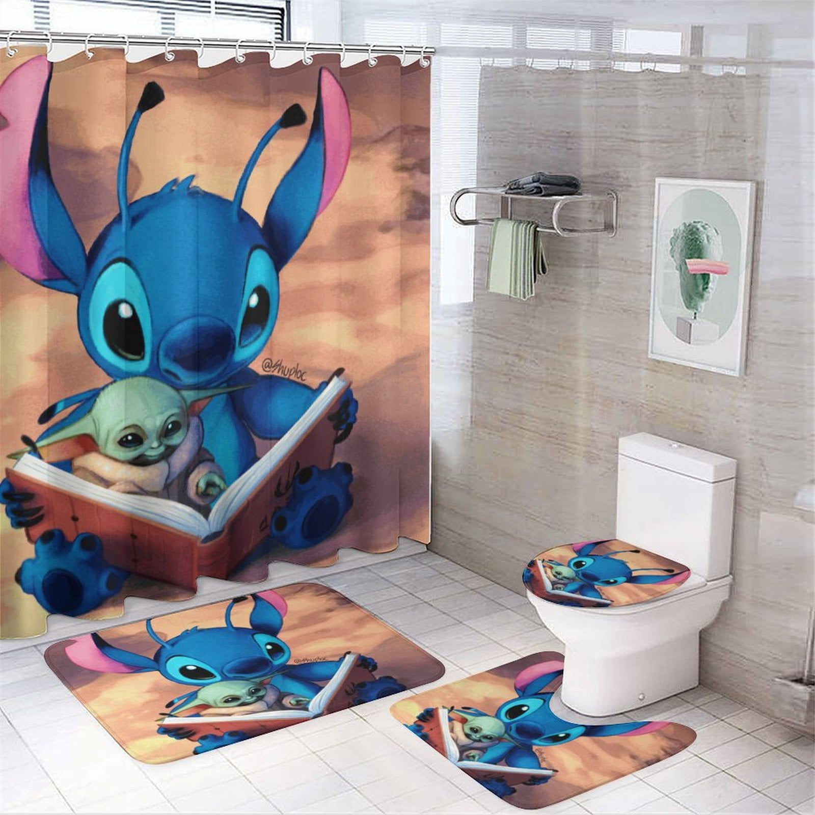 4 Piece Cartoon Stitch Shower Curtain Set with Non-Slip Rugs, Toilet ...