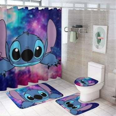 4 Piece Cartoon Stitch Shower Curtain Set with Non-Slip Rugs, Toilet Lid Cover And Bath Mat Curtain for Bathroom Set Decor
