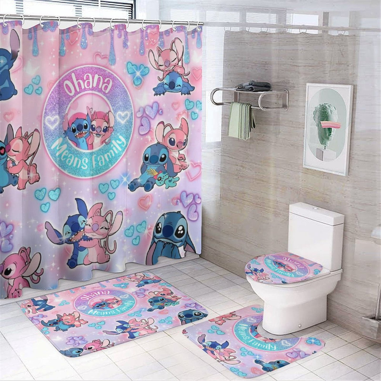 4 Piece Cartoon Stitch Shower Curtain Set with Non-Slip Rugs, Toilet ...