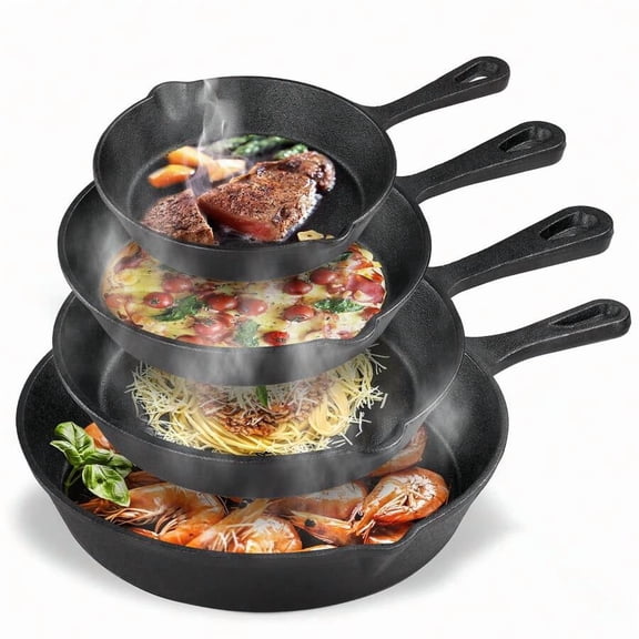 4-Piece Cast Iron Skillet Set - Pre-Seasoned Chef Grade (10"/8"/6"/5"), Heavy-Duty Restaurant Quality, Oven-Suitable For Searing, Baking, Frying & Camping