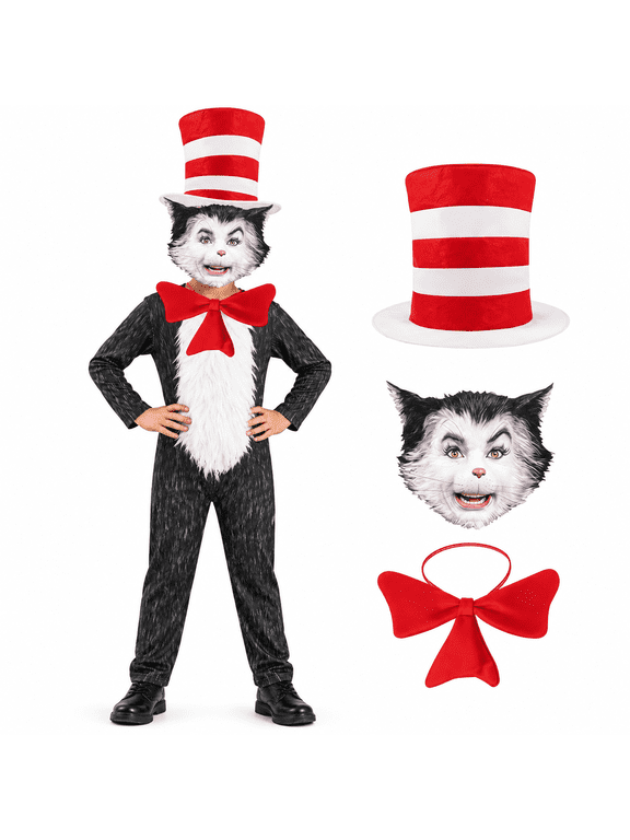 4-Piece Cat Halloween Cosplay Costume for Kids, Scary Cat Jumpsuit Set with Mask, Striped Hat & Bow Tie for Boys & Girls, Ages 11-12