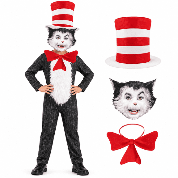 4-Piece Cat Halloween Cosplay Costume for Kids, Scary Cat Jumpsuit Set with Mask, Striped Hat & Bow Tie for Boys & Girls, Ages 6-7