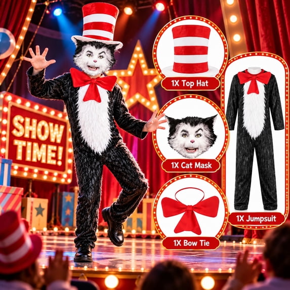 4-Piece Cat Halloween Cosplay Costume for Kids, Scary Cat Jumpsuit Set with Mask, Striped Hat & Bow Tie for Boys & Girls