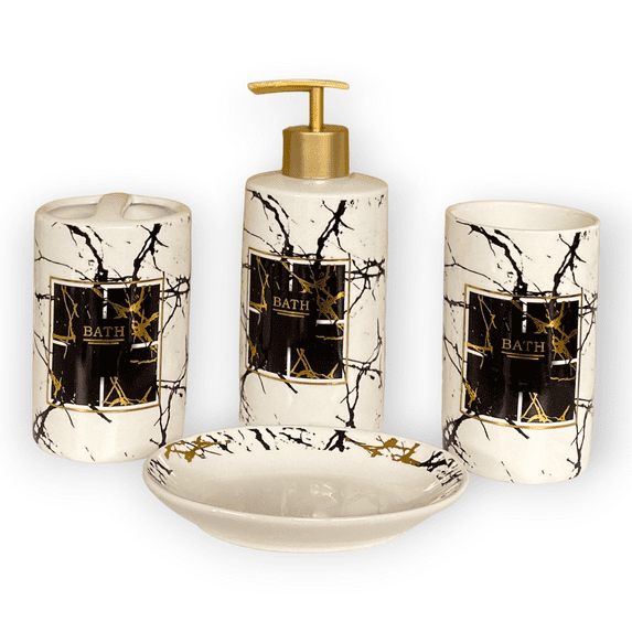 4 Piece Ceramic Bathroom Accessory Set, Toothbrush Holder, Soap Dispenser, Tummbler and Soap Dish