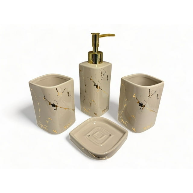 4 Piece Ceramic Bathroom Accessory Set Toothbrush Holder Soap Dispenser Tummbler And Soap 3229