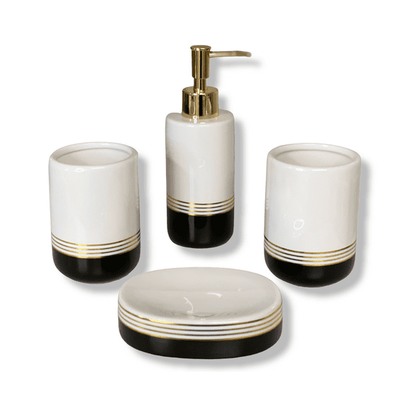 4 Piece Ceramic Bathroom Accessory Set, Toothbrush Holder, Soap Dispenser, Tummbler and Soap Dish