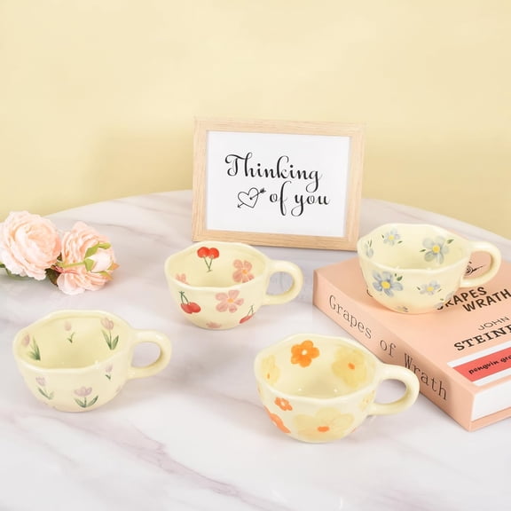 4-Piece Ceramic Coffee Mugs Creative Flower Design for Office Home Latte Tea Milk