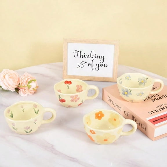 4-Piece Ceramic Coffee Mugs Creative Flower Mug for Office and Home 8.5 oz/250 ml for Latte Tea Milk Blue Flower Orange Flower Pink Cherry Purple Tulip