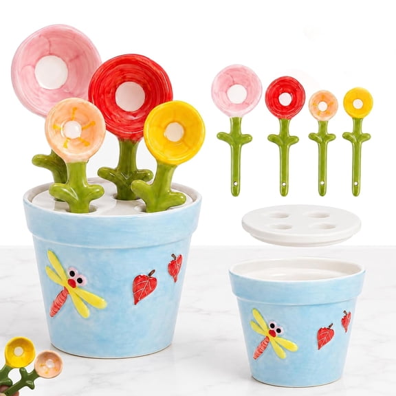 4-Piece Ceramic Flower Measuring Set – Flower Shaped Cups & Spoons with Pot Holder, for Dry & Wet Ingredients, Baking Gift