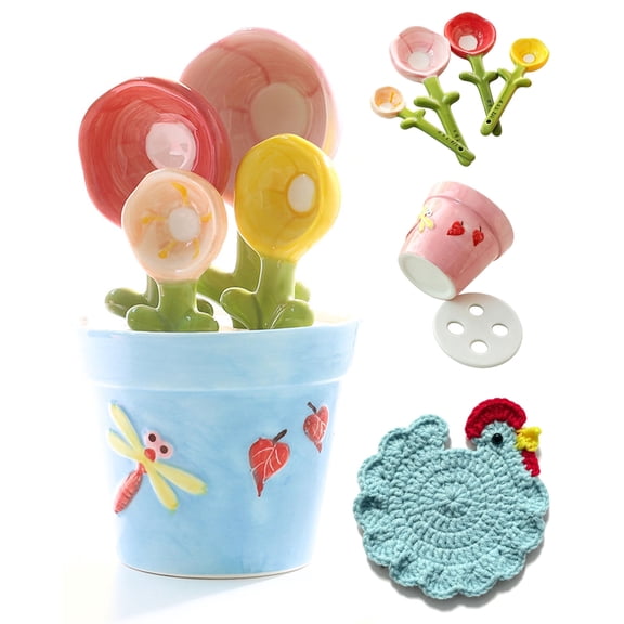 4-Piece Ceramic Flower Measuring Spoons Set with Flowerpot Base & Bonus Base Mat, Cute Measuring Cups Spoons for Baking Cooking, Decorative Floral Kitchen Accessories Gifts,for Home and Kitchen