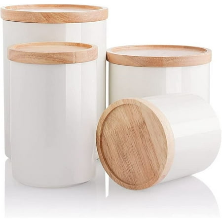 4-Piece Ceramic Kitchen Canisters Set with Airtight Seal Wooden Lid For Sugar, Coffee, Flour, Tea, Mint - White
