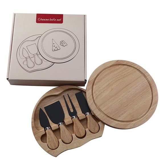 4-Piece Cheese Knife And Spatula Set, With Round Rubber And Wooden Box For Compact Storage, Stainless Steel Blades For Durable Cheese Cutting And Spreading, Includes 3 Knives And