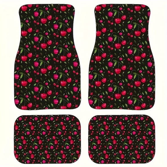 4-Piece Cherry Pattern Car Floor Mats, Universal Fit Auto Floor Liners for Cars Trucks Suvs, Anti-Slip All-Weather Interior Protection, Easy Clean Set