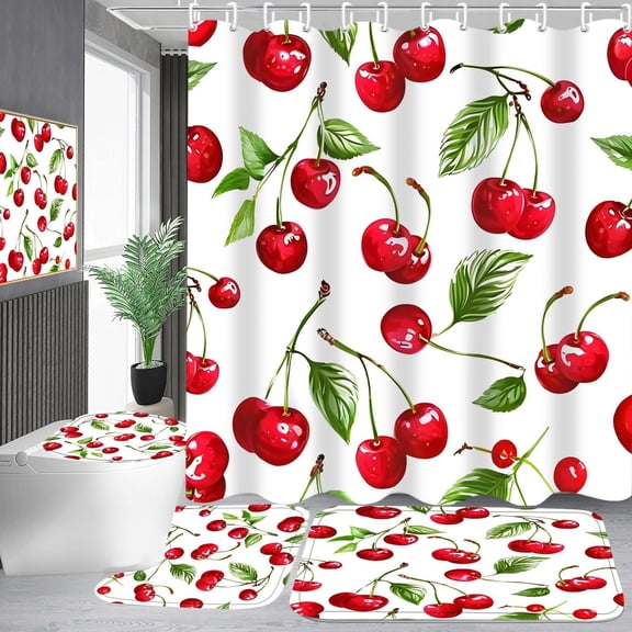 4-Piece Cherry Print Shower Curtain Sets Red Vibrant Cherries Green Leaves Design Bathroom Set with Shower Curtain and Rugs, Four Seasons Woven Bath Curtain with Hooks for Home Decor