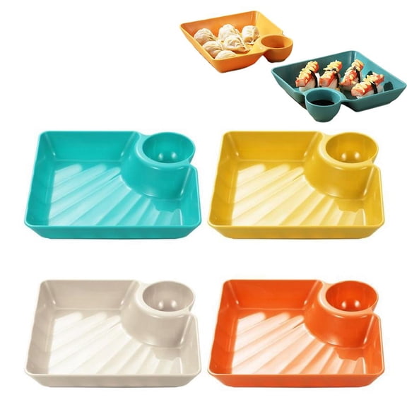 4-Piece Chip Dip Serving Platter Set with Sauce Compartment, Reusable Square Sushi Plates for Appetizers, Tacos, Fruit, and Charcuterie