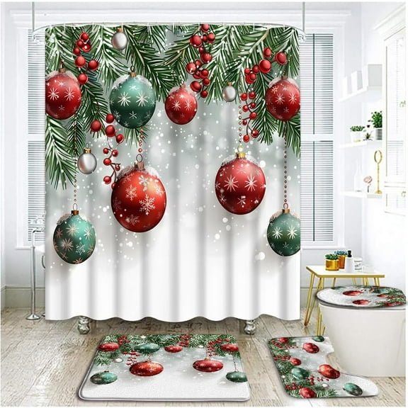 4 Piece Christmas Balls Shower Curtain Set with Rugs, Toilet Lid Cover ,Red and Green Xmas Balls Fir Twigs Snowflake Traditional Winter Holiday Happy New Year Bathroom Shower Curtain with Hooks