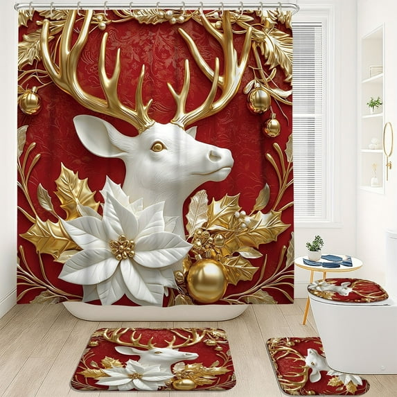 4-Piece Christmas Bathroom Set Holiday Shower Curtain with Non-Slip Mat Toilet Lid Cover for Festive Home Decor(Multicolor)