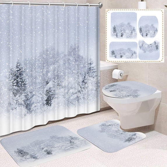 4 Piece Christmas Bathroom Set with Shower Curtain Bath Mat Toilet Lid Cover and U-Shaped Mat Non-Slip Floor Rug Waterproof Polyester Fabric Holiday Decor for Bathroom Decorations