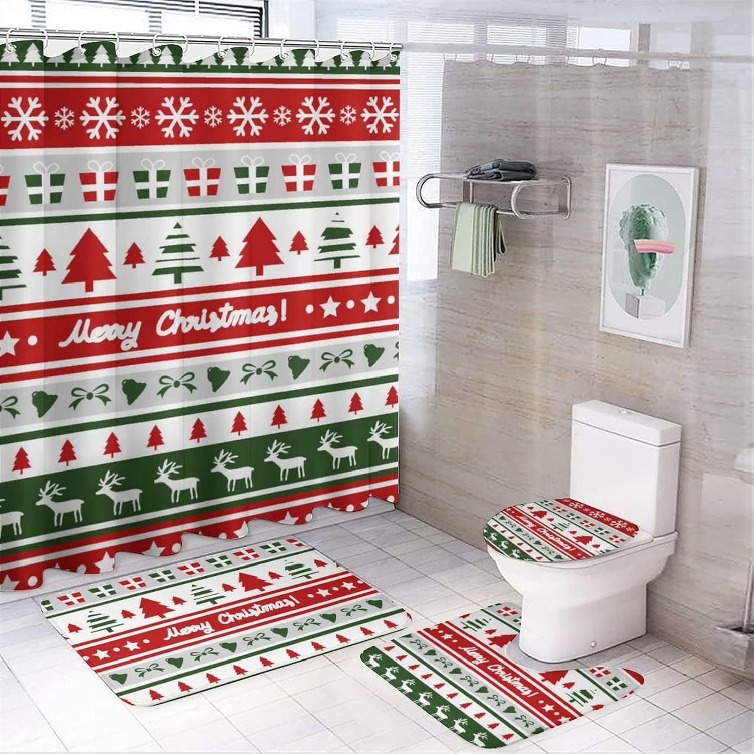 4 Piece Christmas Bathroom Set with Shower Curtain, Non-Slip Rugs, Toilet Lid Cover And Bath Mat ...
