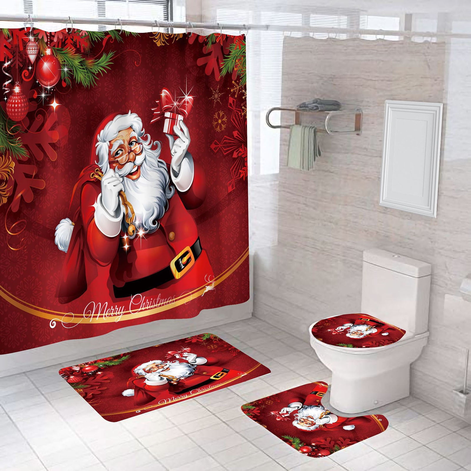4 Piece Christmas Bathroom Set with Shower Curtain, Bath Mat, Rug, and