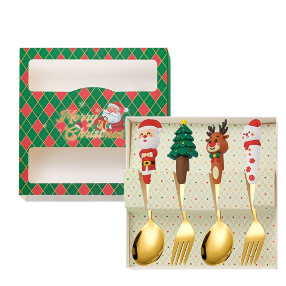 4 Piece Christmas Cutlery Set Christmas Tree, Christmas, Snowman, Tea Fork, Soup Fork, Coffee Fork, Stirring Spoon, Fruit Fork, Meat For