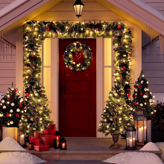 4-Piece Christmas Decoration Set, Pre-lit Artificial Christmas Tree Garland Wreath 4FT Xmas Trees 4-Piece Set, Outdoor Christmas Tree for Porch, Entrance, Holiday Decor