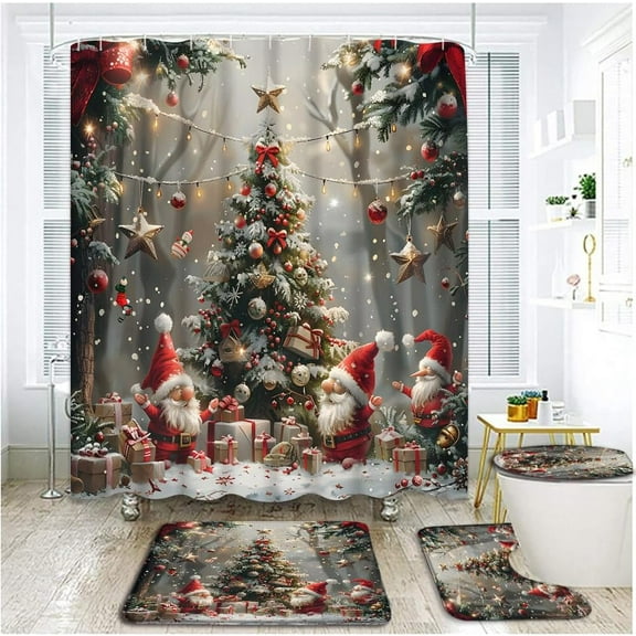4 Piece Christmas Gnomes Shower Curtain Set with Rugs, Toilet Lid Cover ,Cartoon Fairy Tale Forest Cute Gnome Christmas Tree Xmas Balls Dreamy Snowflake Winter Bathroom Shower Curtain with Hooks