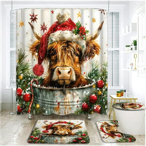 4 Piece Christmas Highland Cow Shower Curtain Set with Rugs, Toilet Lid Cover ,Farmhouse Animal Bull in Bucket Green Pine Twig Snwoflake Xmas Balls Winter Holiday Bathroom Shower Curtain with Hooks