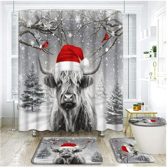 4 Piece Christmas Highland Cow Shower Curtain Set with Rugs, Toilet Lid Cover ,Rustic Grey Winter Forest Farm Bull Red Birds Pine Tree Xmas Balls Outdoor Country Bathroom Shower Curtain with Hooks