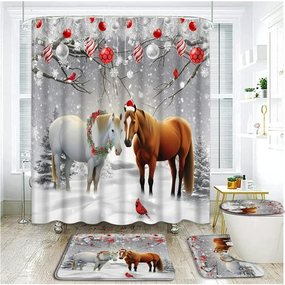 4 Piece Christmas Horse Shower Curtain Set with Rugs, Toilet Lid Cover ,Grey Winter Forest Western Country Widlife Horses Pine Fir Tree Xmas Balls Snow Scenery Bathroom Shower Curtain with Hooks