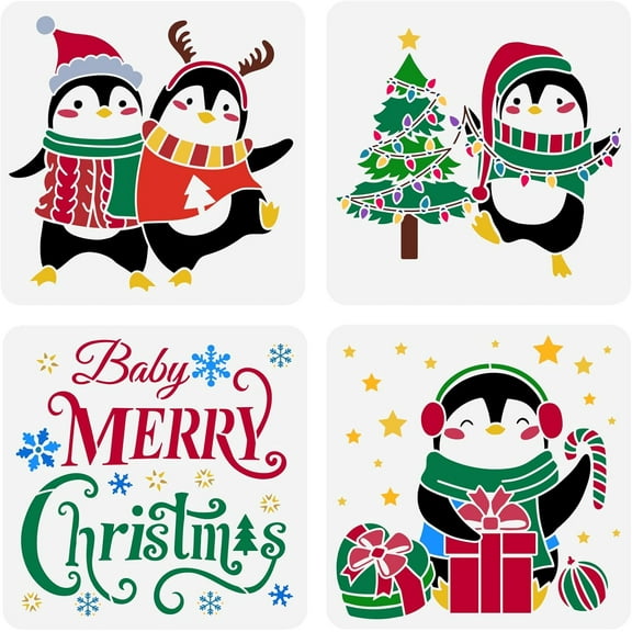 4-Piece Christmas Penguin Painting Stencil Set 11.8x11.8 Inch Reusable Plastic Stencil for DIY Home Decor White